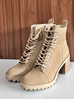 Dolce Vita Beige Suede Lace-Up Block Heel Boots Size 6.5
